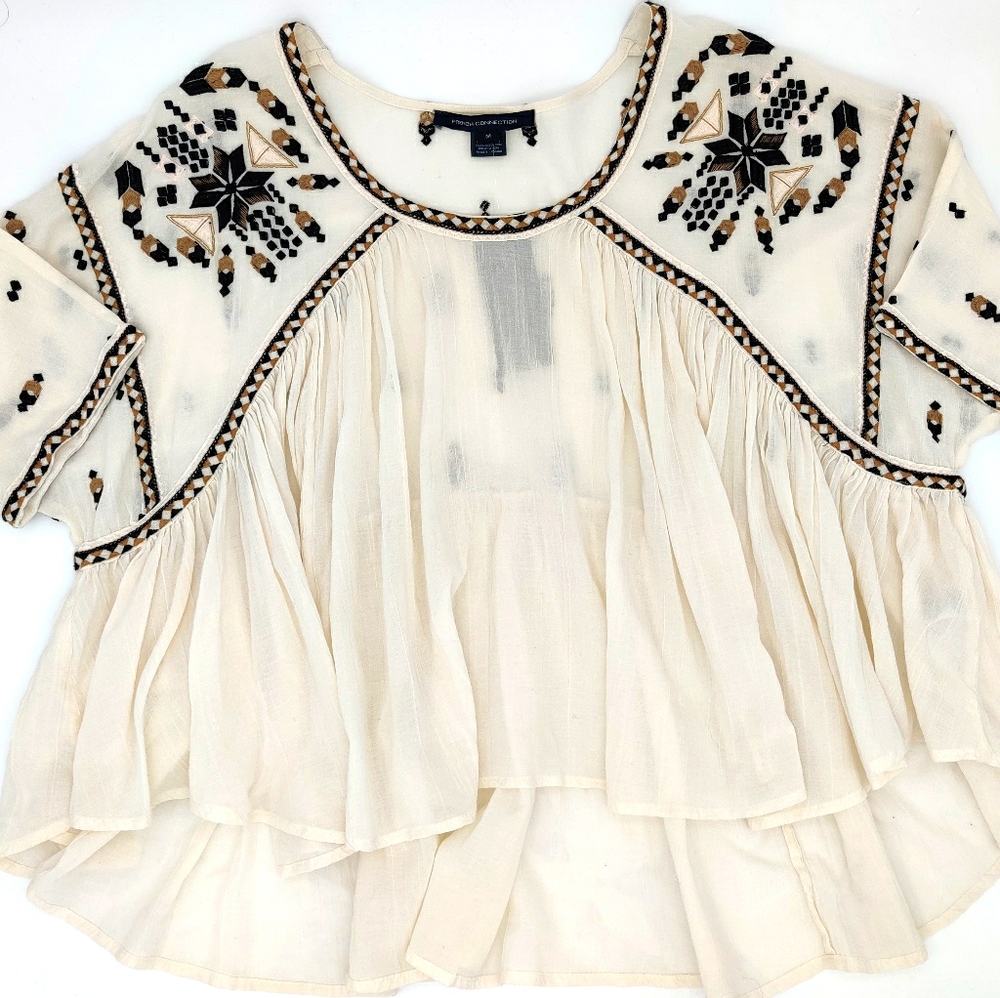 French Connection Cream Embroidered Peasant Blouse